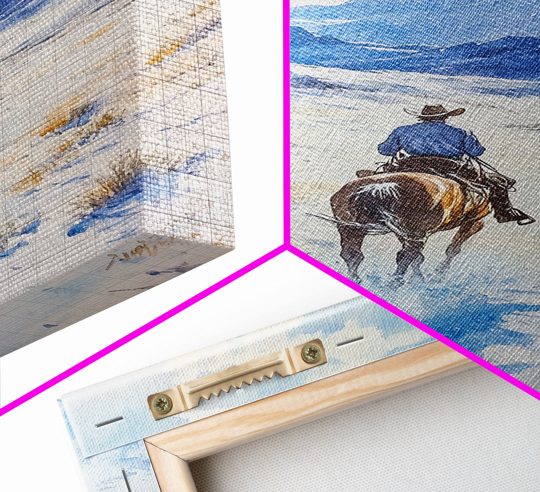 Cowboy riding through snowy mountain pass, Framed Canvas Print, western winter landscape wall art, farmhouse holiday decor Christmas gift