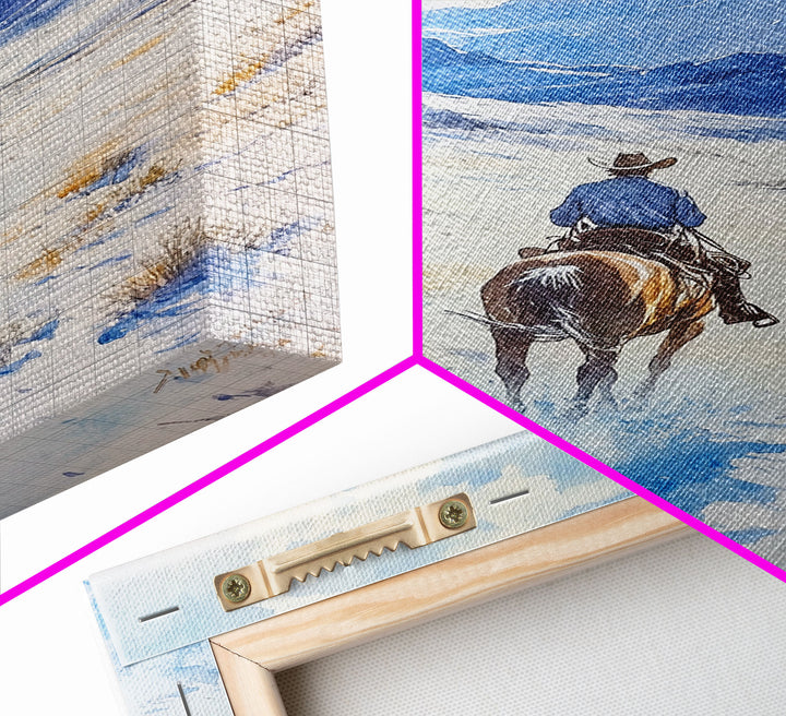 Cowboy riding through snowy mountain pass, Framed Canvas Print, western winter landscape wall art, farmhouse holiday decor Christmas gift