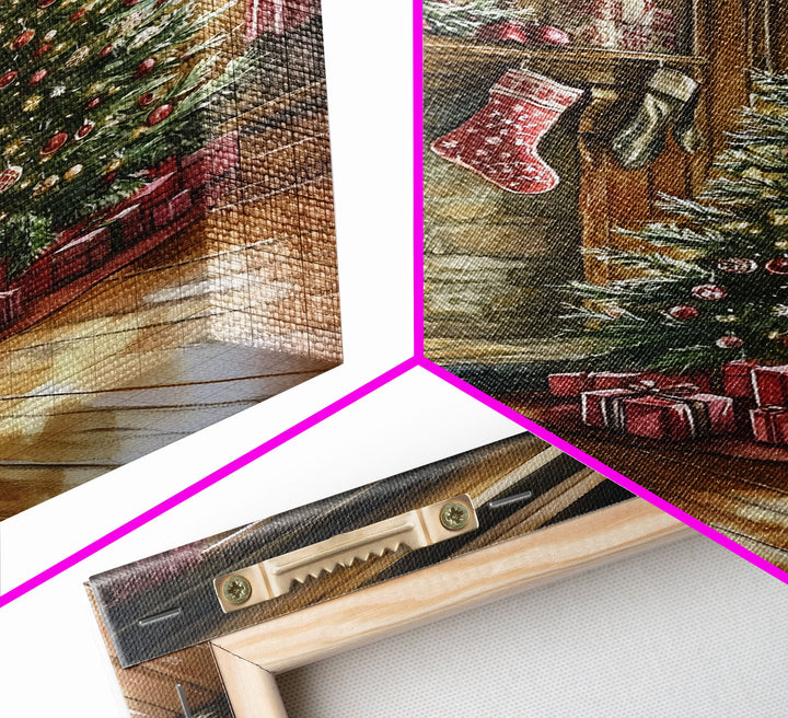 Cozy farmhouse Christmas interior Framed Canvas Print with tree stockings and fireplace, warm holiday art rustic Christmas decor mantle
