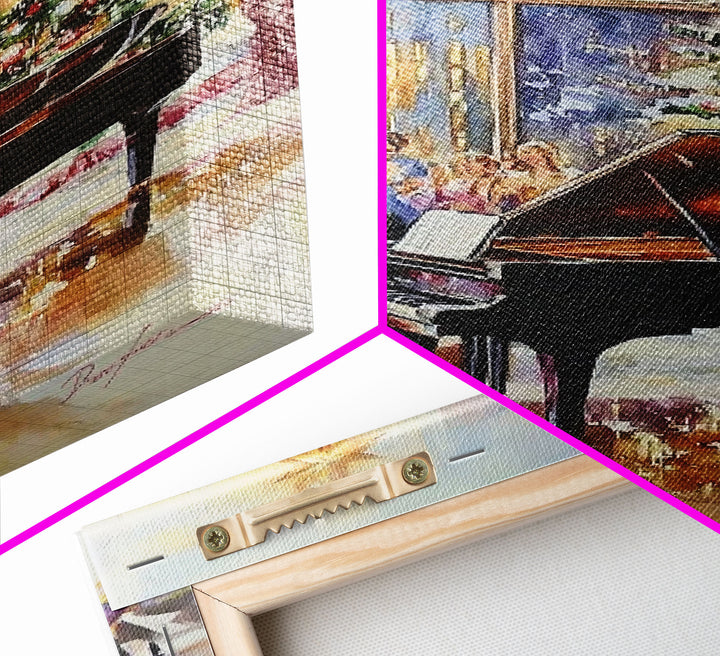 Elegant Christmas party with grand piano and city skyline view Framed Canvas Print, classy holiday wall art perfect seasonal decor idea