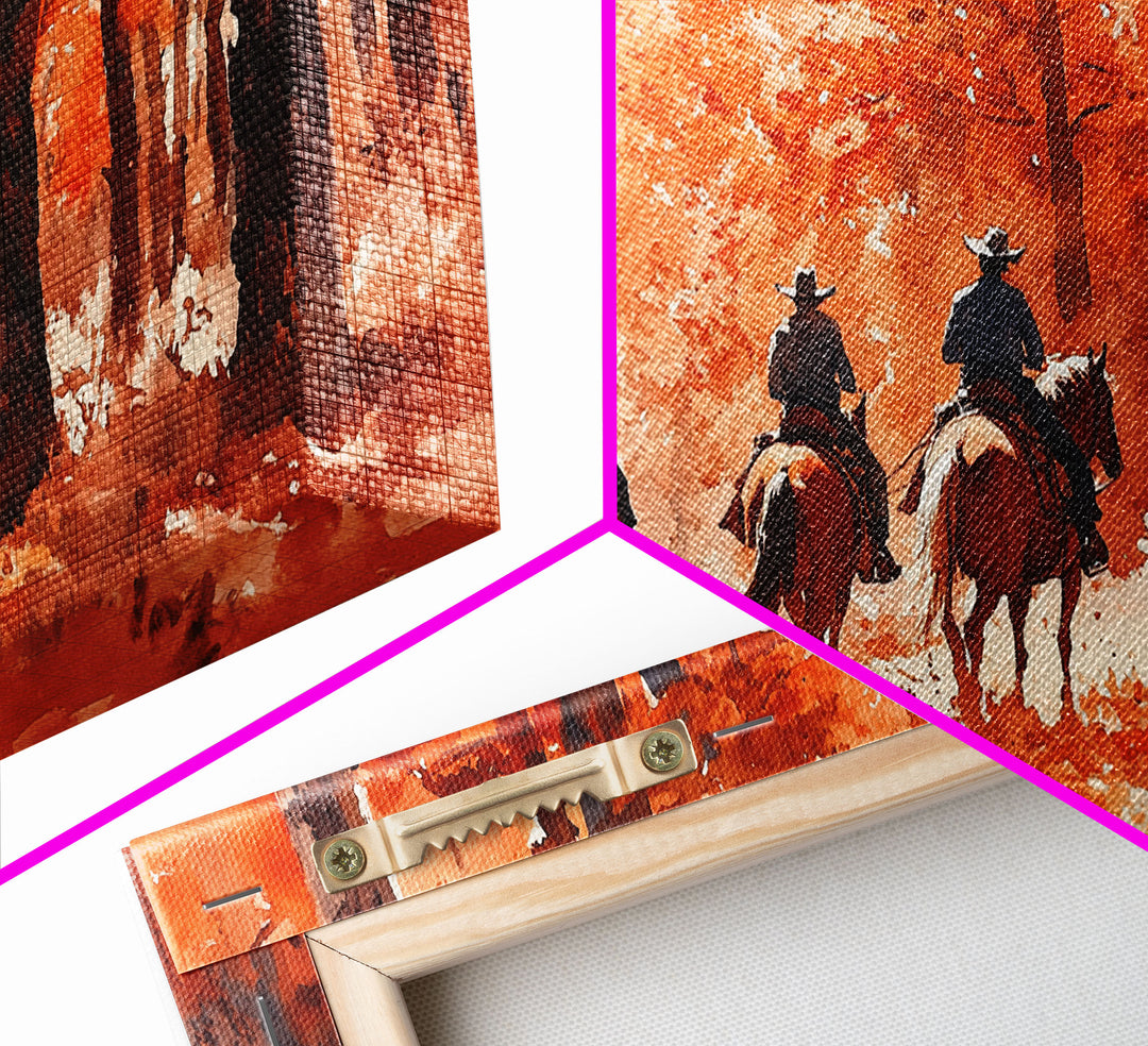 Framed Canvas Print Fall Forest Riders in Autumn Colors, Rustic Cowboy Wall Art, Perfect Fall Decor and Seasonal Home Art