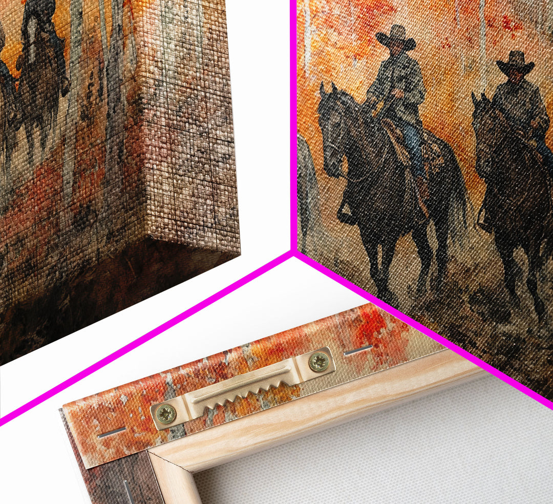 Framed Canvas Print Horseback Riders in Rustic Fall Forest, Cowboy Theme Wall Art, Autumn Home Decor, and Seasonal Canvas Wall Print