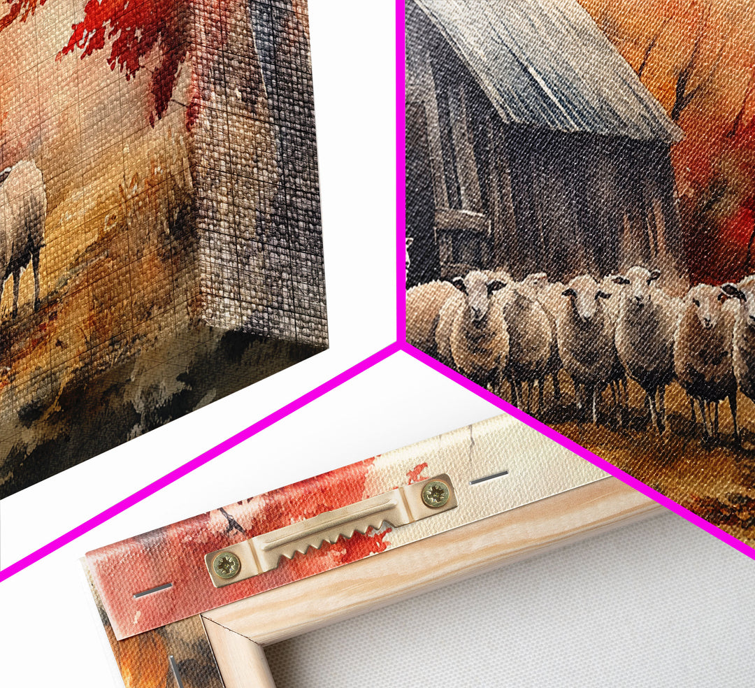 Framed Canvas Print Autumn Farm with Sheep and Pumpkins, Perfect Fall Decor, Rustic Country Home Wall Art, Seasonal Autumn Canvas Print