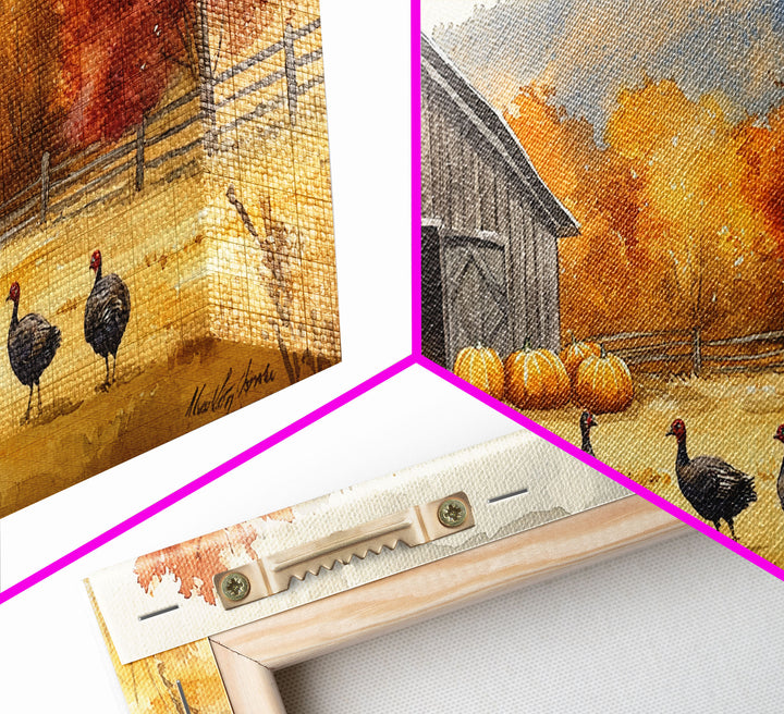Framed Canvas Print Rustic Barn with Pumpkins and Turkeys, Perfect Autumn Farmhouse Decor, Fall Wall Art, Country Autumn Scene