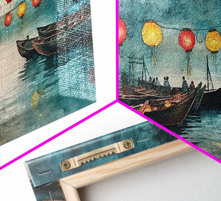 Framed Canvas Print Full Moon Lanterns on Boats, Dreamy Night Scene, Watercolor Christmas Art, Unique Holiday Decor, Coastal Christmas