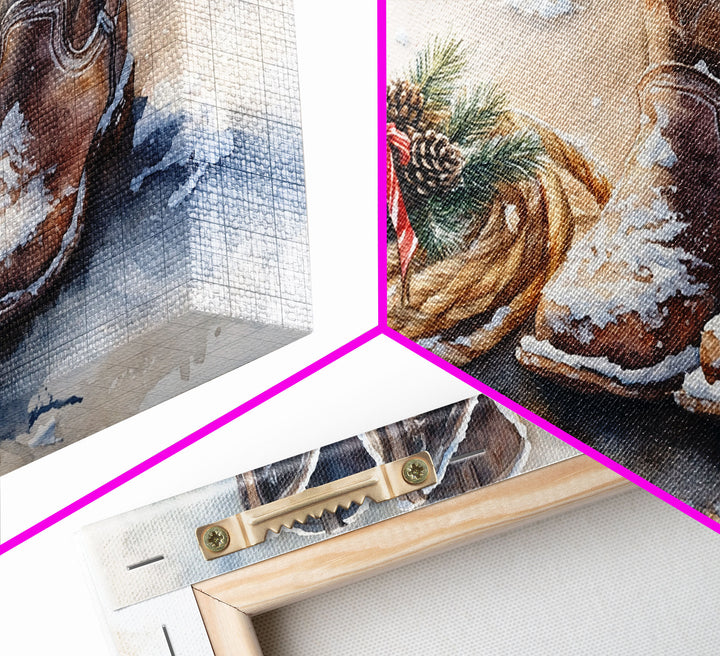 Framed Canvas Print Cowboy Boots and Rope with Pinecones, Rustic Winter Decor, Western Christmas Art, Perfect Holiday Wall Print