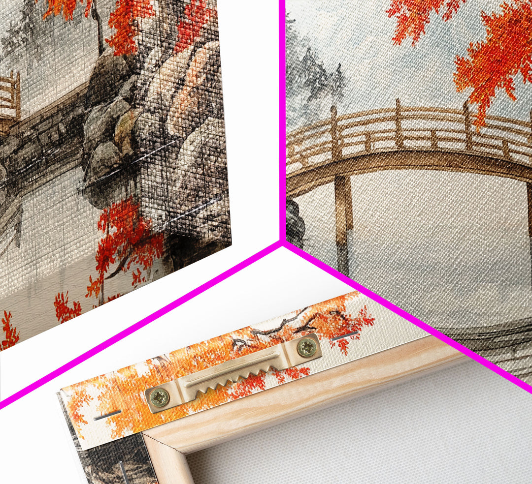 Japanese Bridge in Autumn Framed Canvas Print Fall Landscape Art Nature Wall Decor Seasonal Holiday Art Rustic Country Gift Idea 2024
