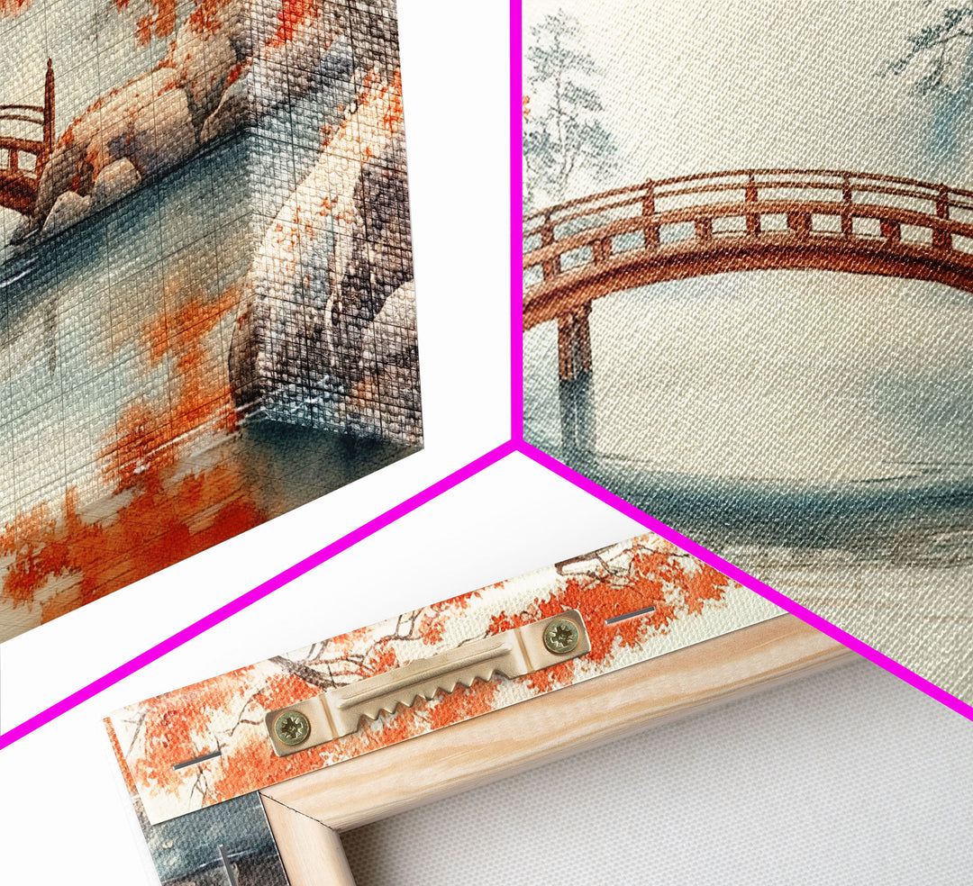 Tranquil Japanese Autumn Bridge Framed Canvas Print Fall Nature Scene Art Minimalist Wall Decor Seasonal Holiday Gift Idea 2024