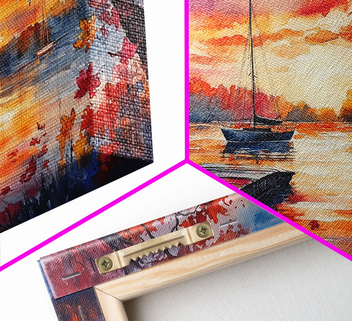 Fall landscape art Canvas Print sunset on lake sailboats moody landscape holiday wall art vintage fall decor gift idea autumn wall art