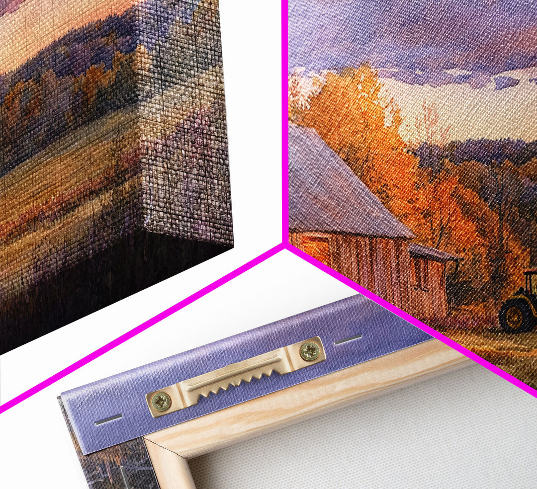 Rustic autumn farmhouse decor Canvas Print sunset landscape with tractor and barn moody landscape fall decor autumn wall art gift idea