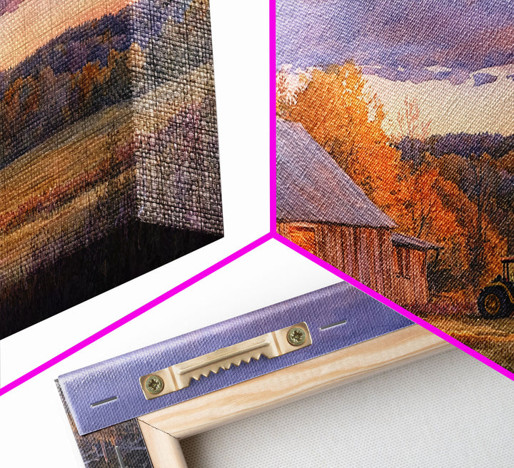 Rustic autumn farmhouse decor Canvas Print sunset landscape with tractor and barn moody landscape fall decor autumn wall art gift idea