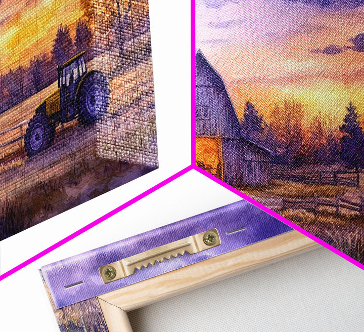 Farmhouse autumn decor Framed Canvas Print evening barn scene with tractor warm fall colors gift idea autumn seasonal wall art rustic decor