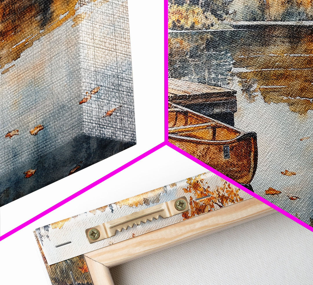 Fall lake house decor Framed Canvas Print serene lakeside cabin canoe rustic autumn wall art seasonal decor gift idea cozy fall home decor