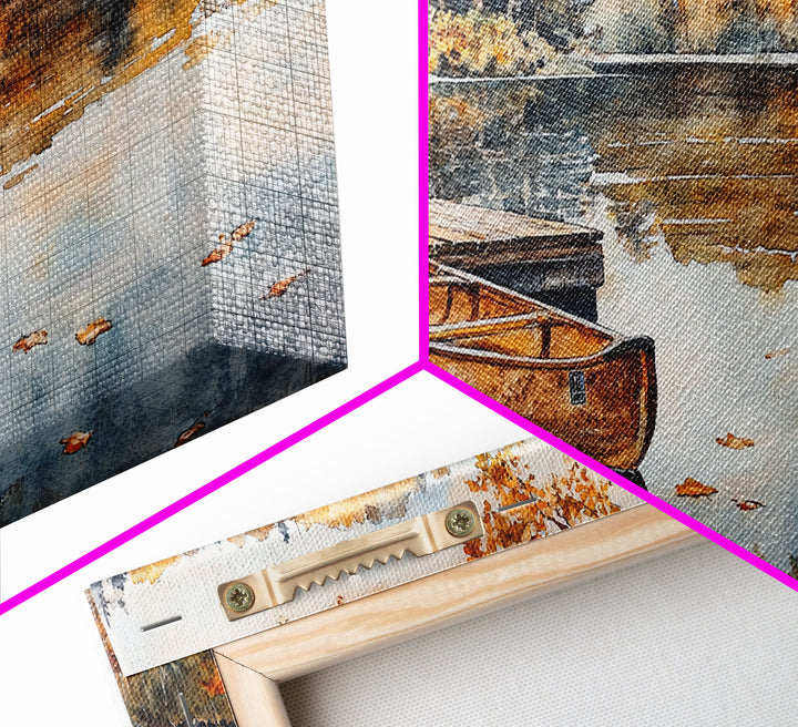 Fall lake house decor Framed Canvas Print serene lakeside cabin canoe rustic autumn wall art seasonal decor gift idea cozy fall home decor