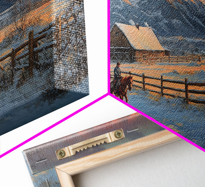 Dawn on the Frontier - Christmas scene art, winter wonderland, rustic Christmas art, Christmas farmhouse decor, snowy mountain art