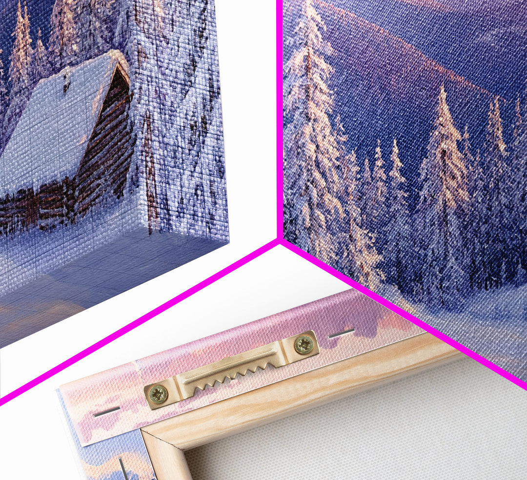 Mountain Cabin At Sunrise Tall Art Framed Canvas Print Winter Snow Covered Trees And Cabin In Mountains With Pastel Sky