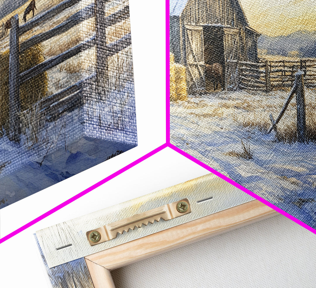 Snowy Barn Horses Canvas Print Winter Landscape Art Farmhouse Christmas Wall Art Framed Canvas Print Rustic Christmas Outdoor Decor