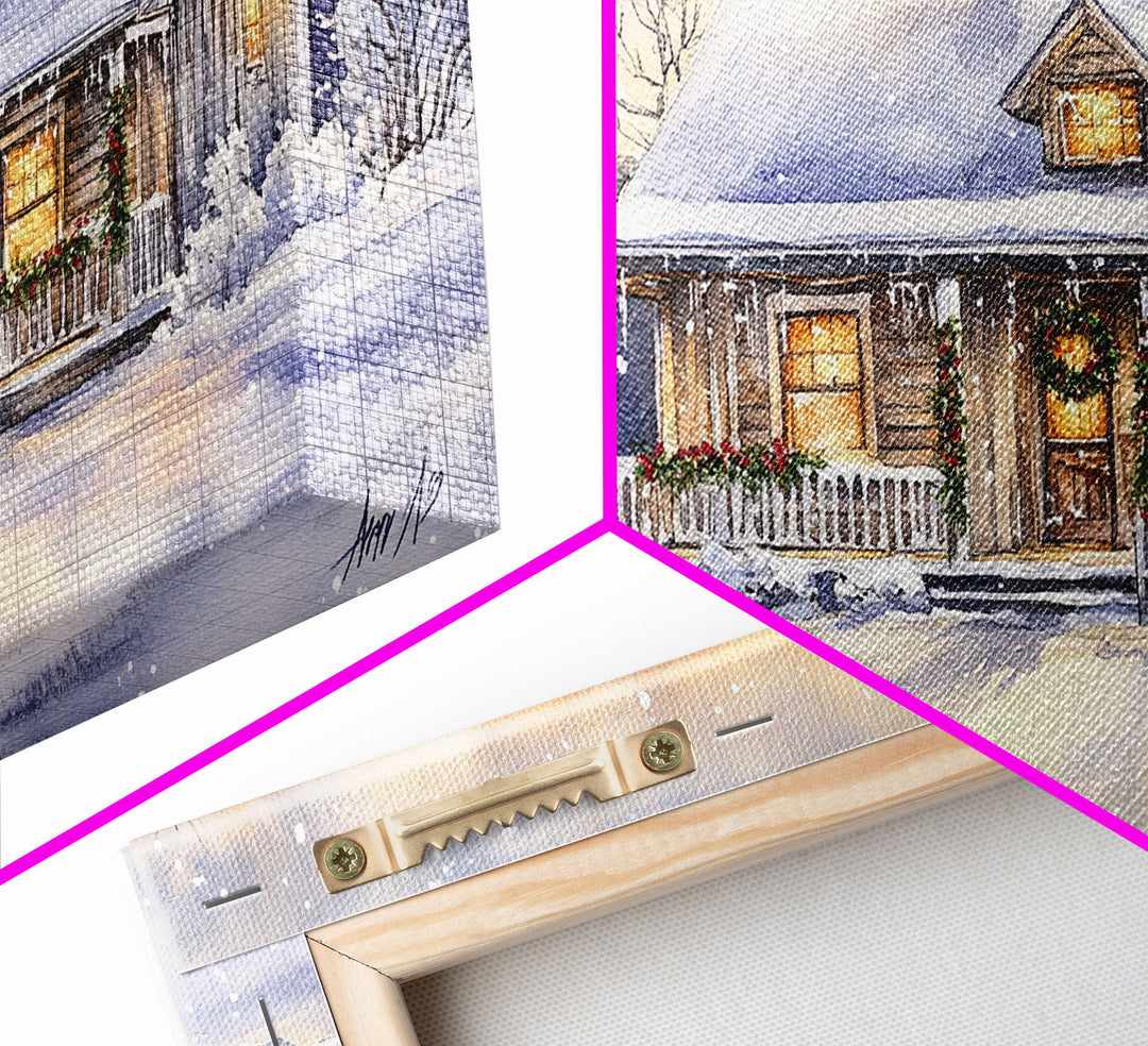 Log cabin in winter, snowy holiday art, farmhouse Christmas decor, rustic Christmas, vintage wall art, framed canvas print