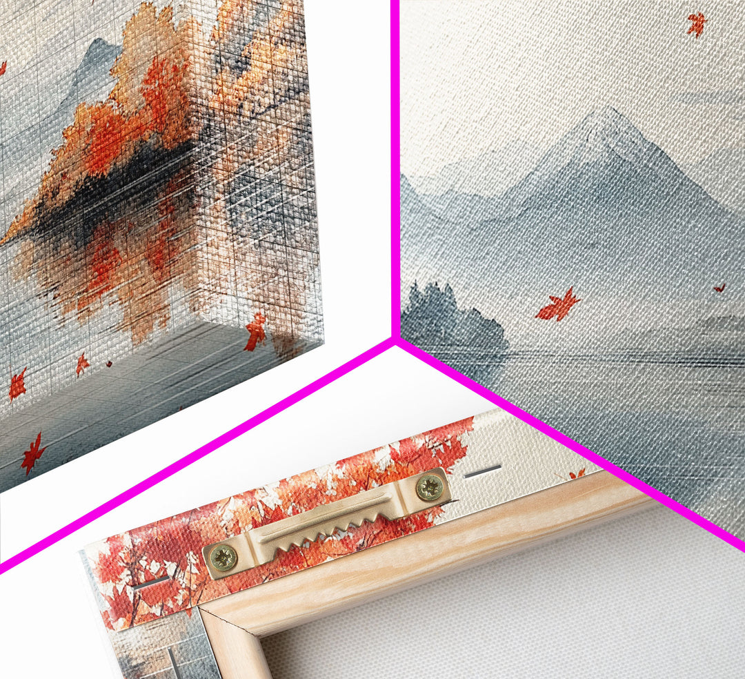 Mountain lake autumn art, fall leaves and boat decor, peaceful autumn landscape, serene fall wall art, framed canvas print, autumn decor