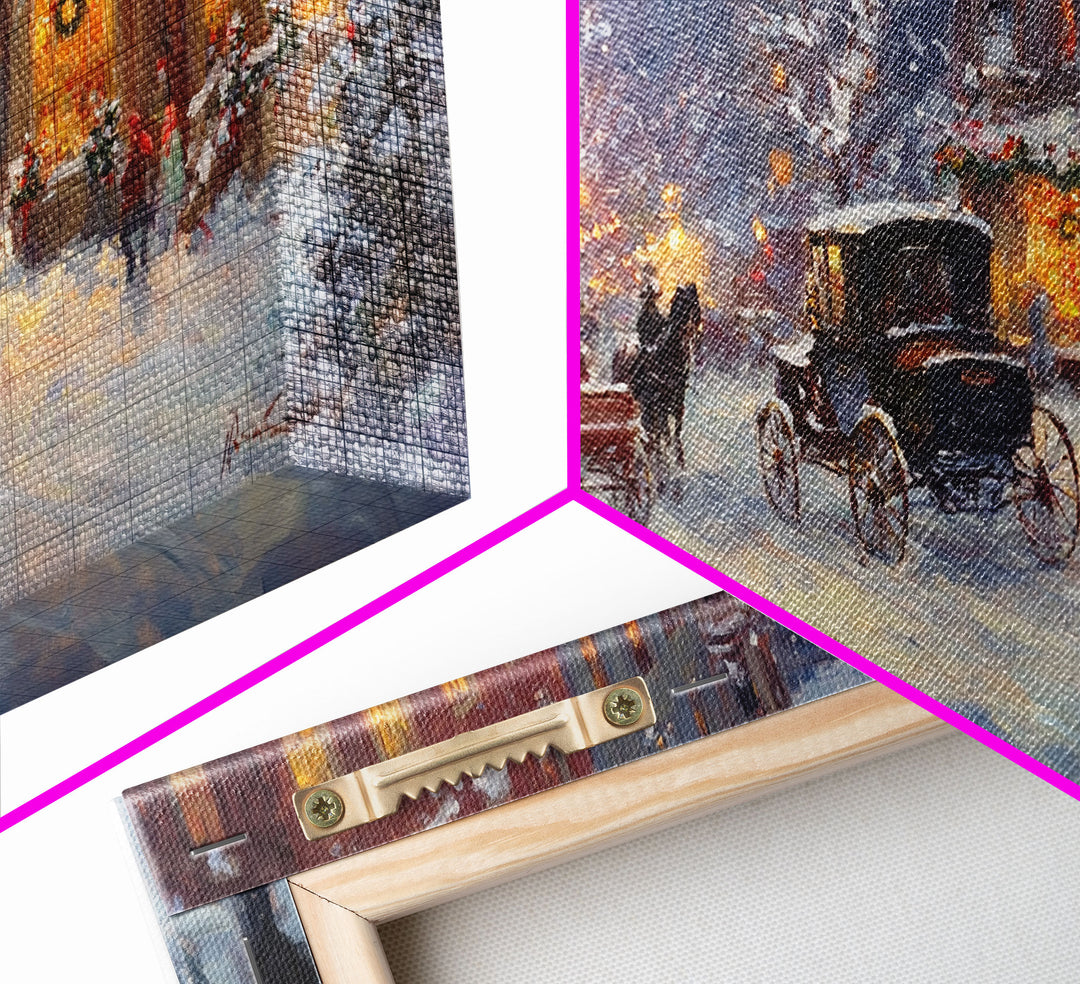 Victorian Christmas Market Tall Art Framed Canvas Print Winter Street Scene With Holiday Decorations And Horse-Drawn Carriages In Snow