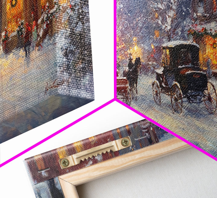 Victorian Christmas Market Tall Art Framed Canvas Print Winter Street Scene With Holiday Decorations And Horse-Drawn Carriages In Snow