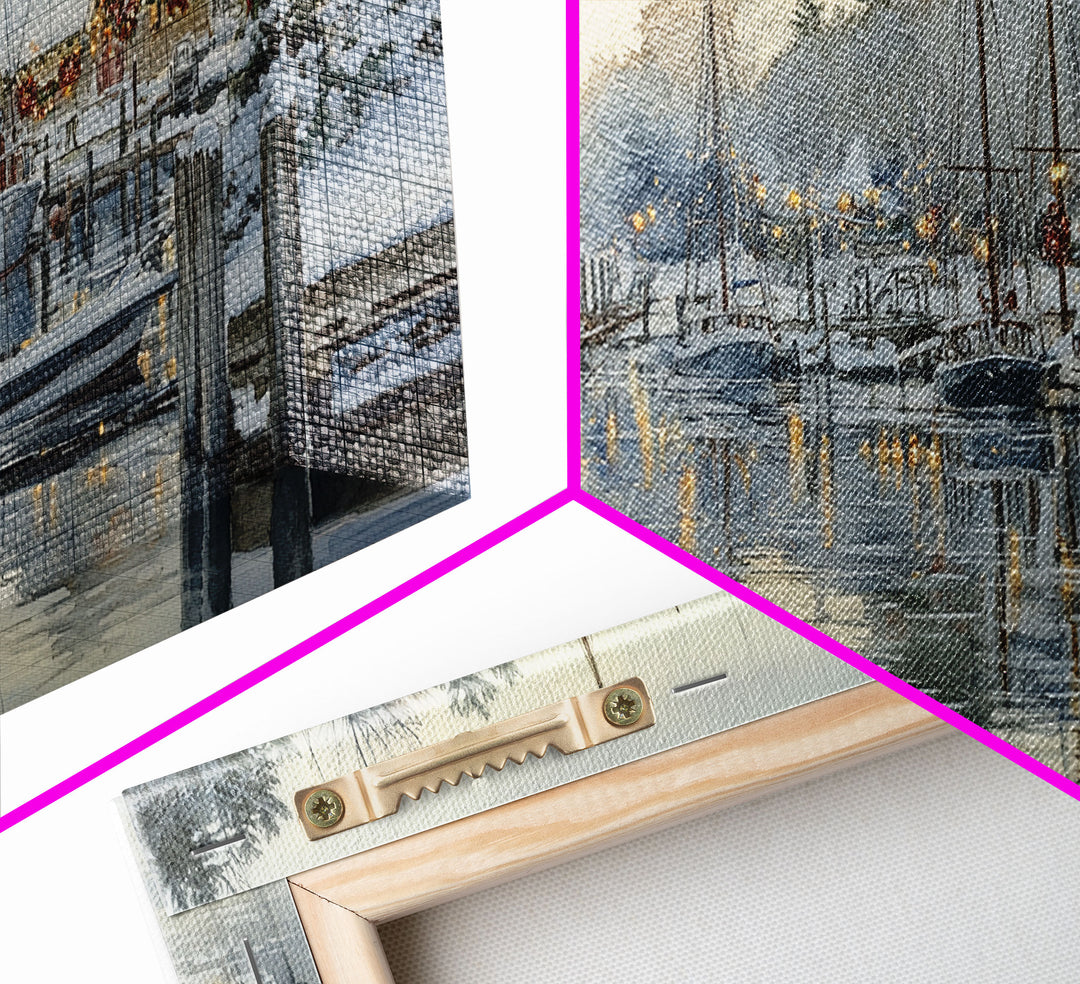 Snowy Boats at a Festive Pier Scene, Framed Canvas Print, Coastal Christmas Decor, Art, Winter Wonderland, Nautical Christmas Wall Print