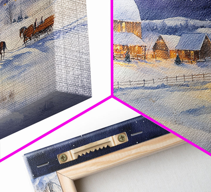 Horse and Barn in Snowy Christmas Scene, Framed Canvas Print, Winter Christmas Decor, Farmhouse Christmas, Rustic Holiday Art, Wall Art