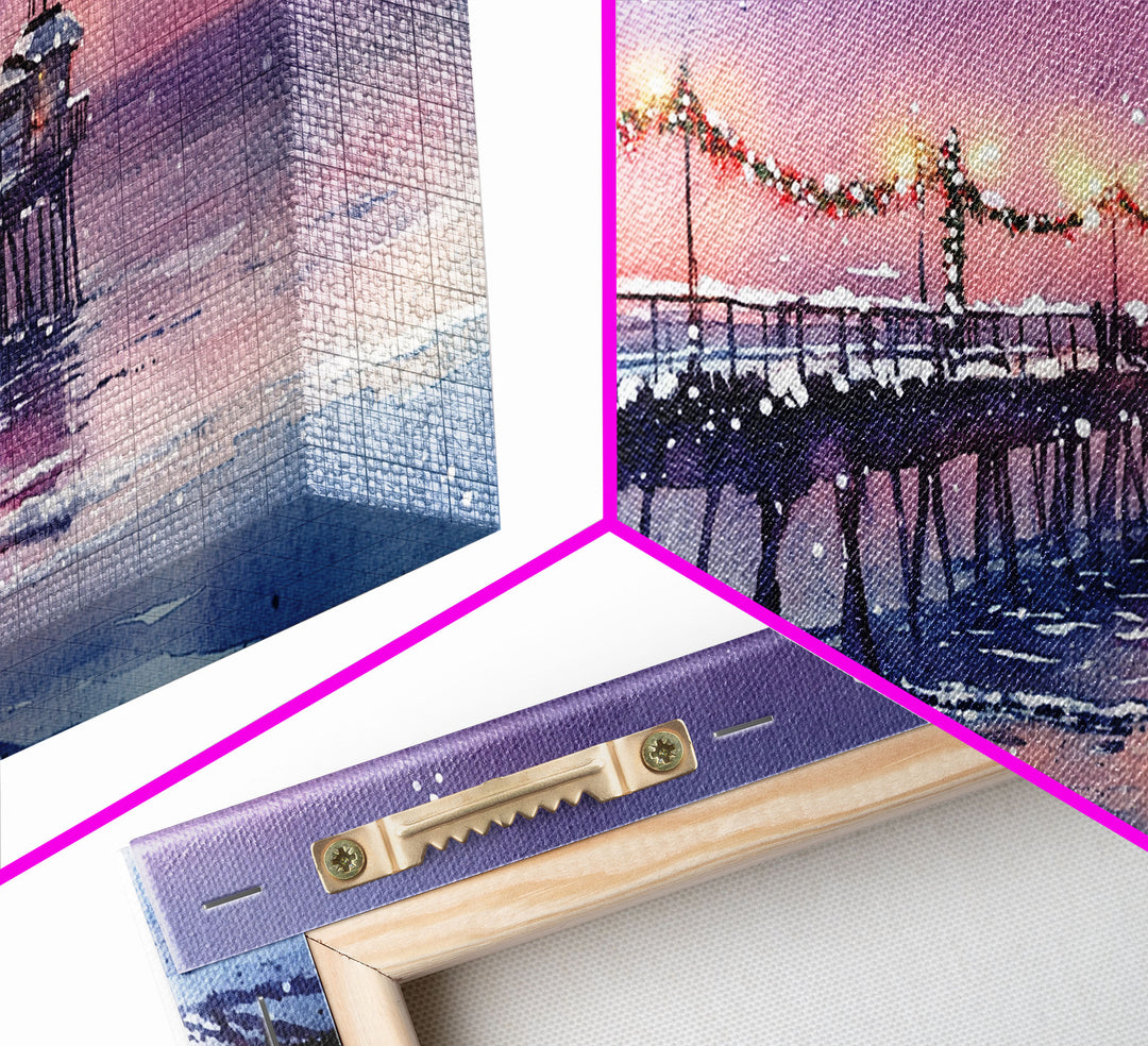 Snow-Covered Pier at Dusk with Christmas Lights, Framed Canvas Print, Coastal Holiday Decor, Winter Wonderland, Nautical Christmas Wall Art