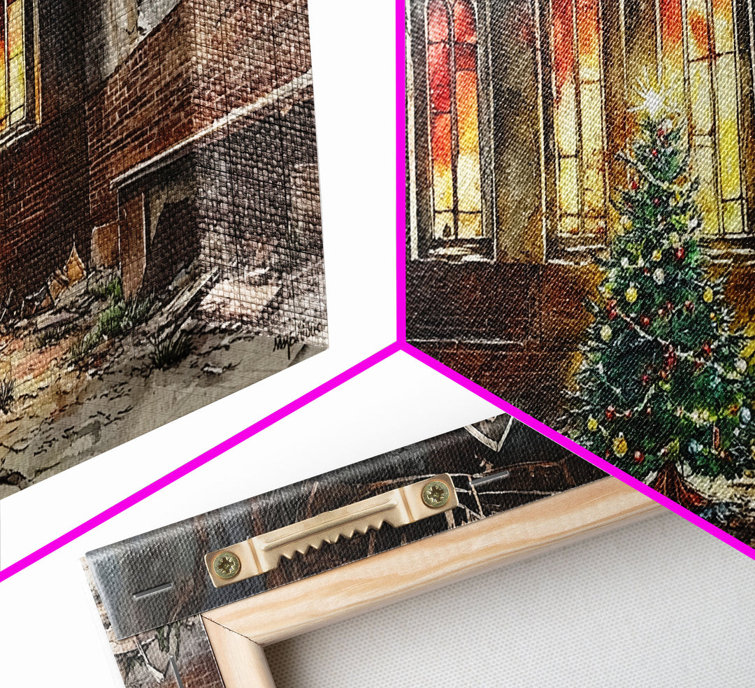 Christmas tree in abandoned church art, framed canvas print, rustic Christmas decor, winter decor, vintage Christmas scene art for home