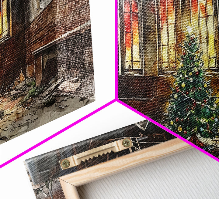 Christmas tree in abandoned church art, framed canvas print, rustic Christmas decor, winter decor, vintage Christmas scene art for home