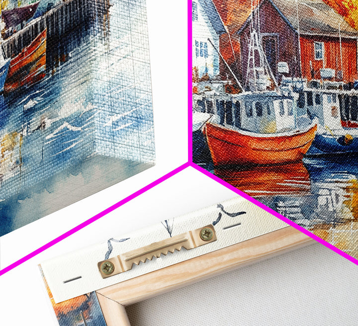 Colorful boats harbor framed canvas print, rustic autumn coastal decor, fall home decor, vintage nautical art gift idea, seasonal wall art