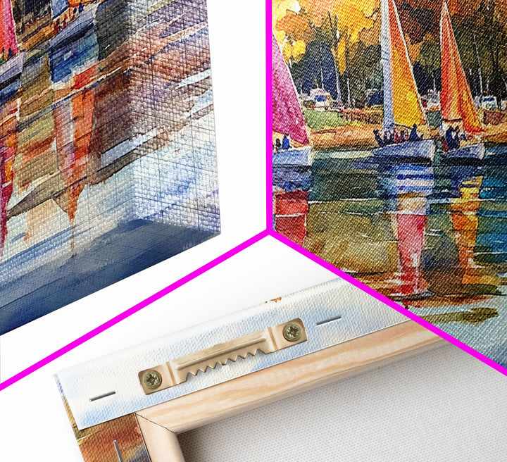 Sailboats on autumn lake, framed canvas print, colorful fall decor, nautical wall art for fall home, rustic autumn wall art, gift idea