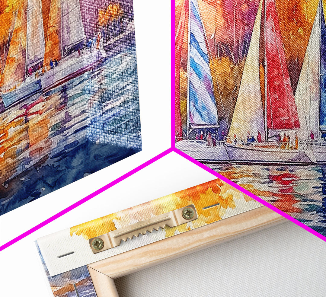 Sailboats in autumn harbor framed canvas print, colorful fall decor, rustic nautical wall art, autumn home decor, fall landscape wall art