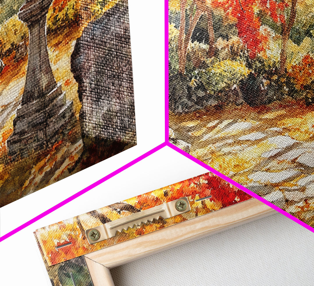 Beautiful Autumn Garden Path with Lantern, Fall Decor, Watercolor Landscape Art, Framed Canvas Print, Wall Art, Farmhouse Decor, Gift Idea