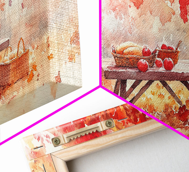 Fall Harvest Picnic Scene, Farmhouse Fall Decor, Framed Canvas Print, Seasonal Wall Art, Country Home Decor, Watercolor Artwork Gift Idea