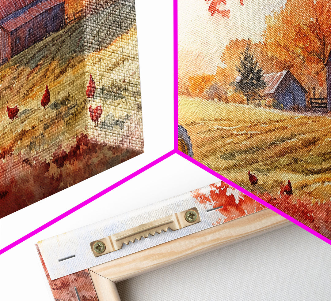 Tractor in Fall Field with Barn, Watercolor Wall Art, Farmhouse Autumn Decor, Framed Canvas Print, Home Decor, Above Sofa Art, Gift Idea