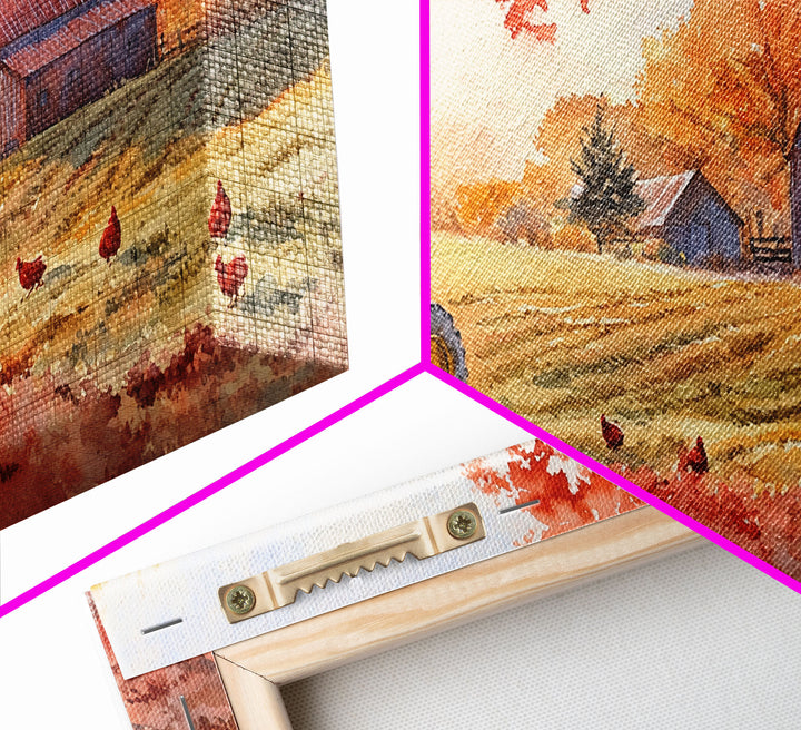 Tractor in Fall Field with Barn, Watercolor Wall Art, Farmhouse Autumn Decor, Framed Canvas Print, Home Decor, Above Sofa Art, Gift Idea