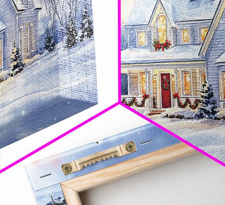 Cozy Winter House with Snowy Landscape, Christmas Decor, Framed Canvas Print, Farmhouse Christmas Decor, Seasonal Wall Art, Gift Idea