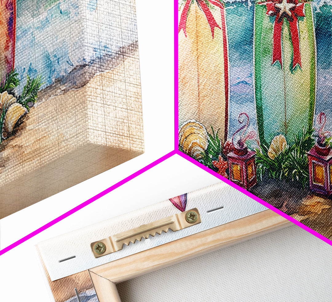Beach Christmas Decor with Surfboards, Tropical Christmas Art, Framed Canvas Print, Watercolor Wall Art, Coastal Holiday Decor Art Gift Idea