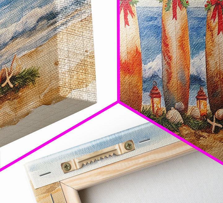 Coastal Christmas Surfboard Scene, Beach Christmas Decor, Framed Canvas Print, Watercolor Wall Art, Tropical Holiday Decor, Best Gift Idea