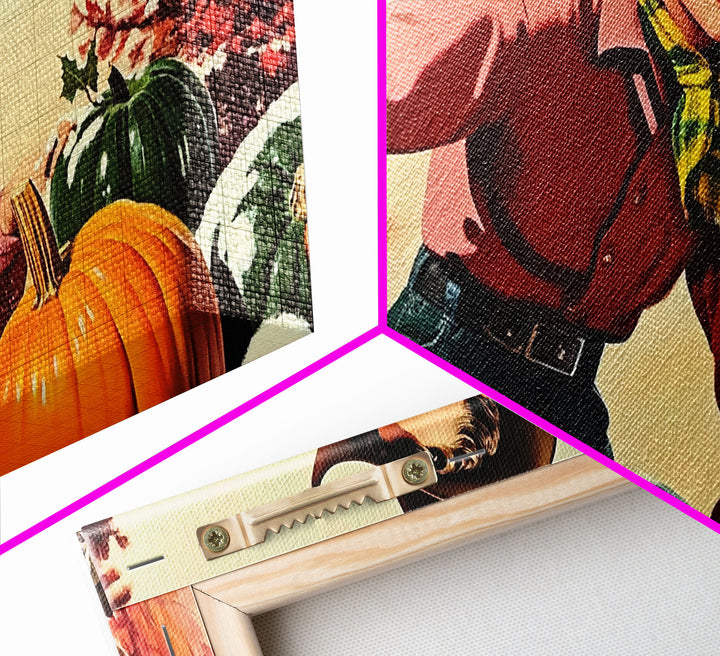 Autumn Cowboy with Pumpkins Framed Canvas Print, Vintage Fall Decor, Gift Idea, Farmhouse Wall Art, Rustic Pumpkin Patch, Holiday Home Decor
