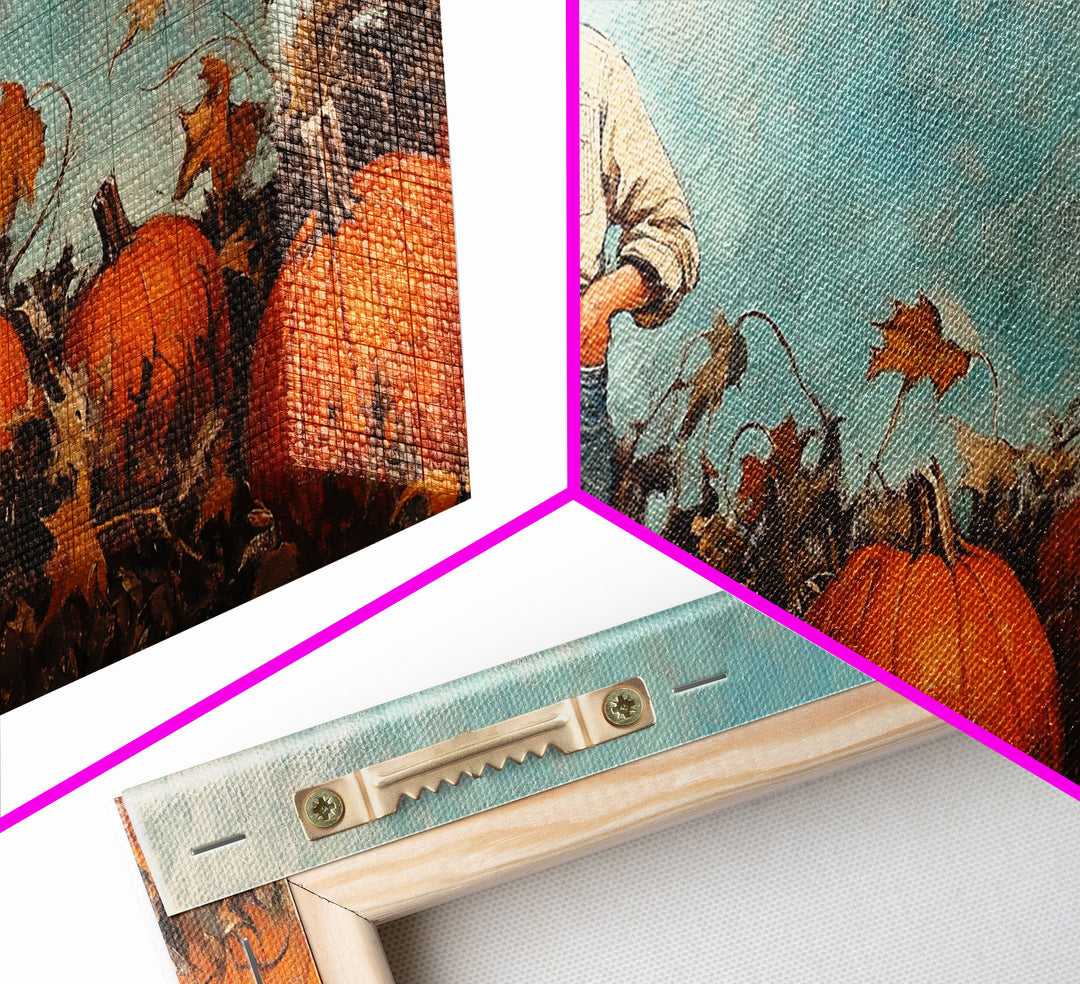 Cowboy Boy with Pumpkins Framed Canvas Print, Fall Wall Art, Rustic Farmhouse Decor, Vintage Harvest Print, Gift Idea, Holiday Home Decor