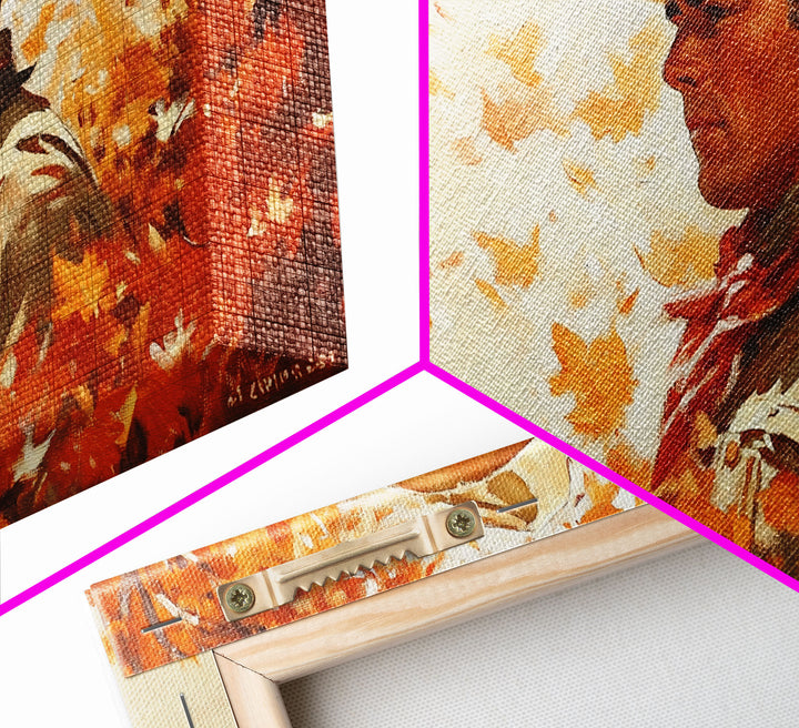 Cowboy and Fall Leaves, Framed Canvas Print Seasonal Wall Art Christmas Cowboy Gift Winter Landscape Wall Decor