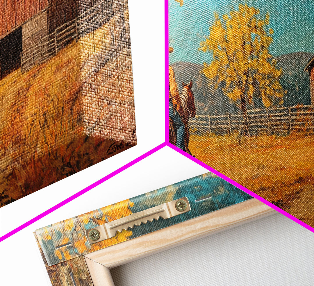 Cowboy Horse Autumn River Framed Canvas Print Perfect Above Sofa Fall Cowboy Art Moody Landscape Fall Western Wall Art