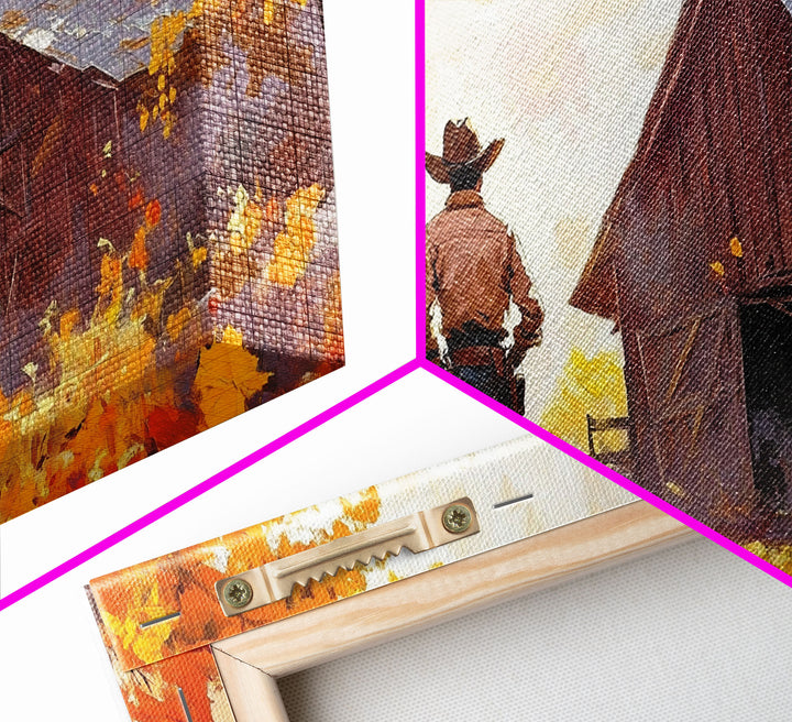 Cowboy and His Barn, Framed Canvas Print, Landscape Art Christmas Cowboy Holiday Art Wall Decor Seasonal