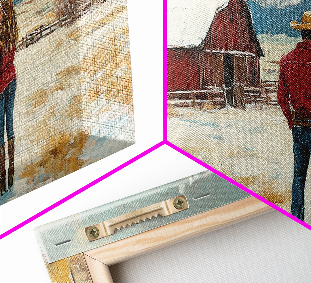 Our First House, Framed Canvas Print, Winter Landscape and Red Barn Painting, Rustic Farmhouse Decor, Outdoor Decor Christmas, Vintage Art