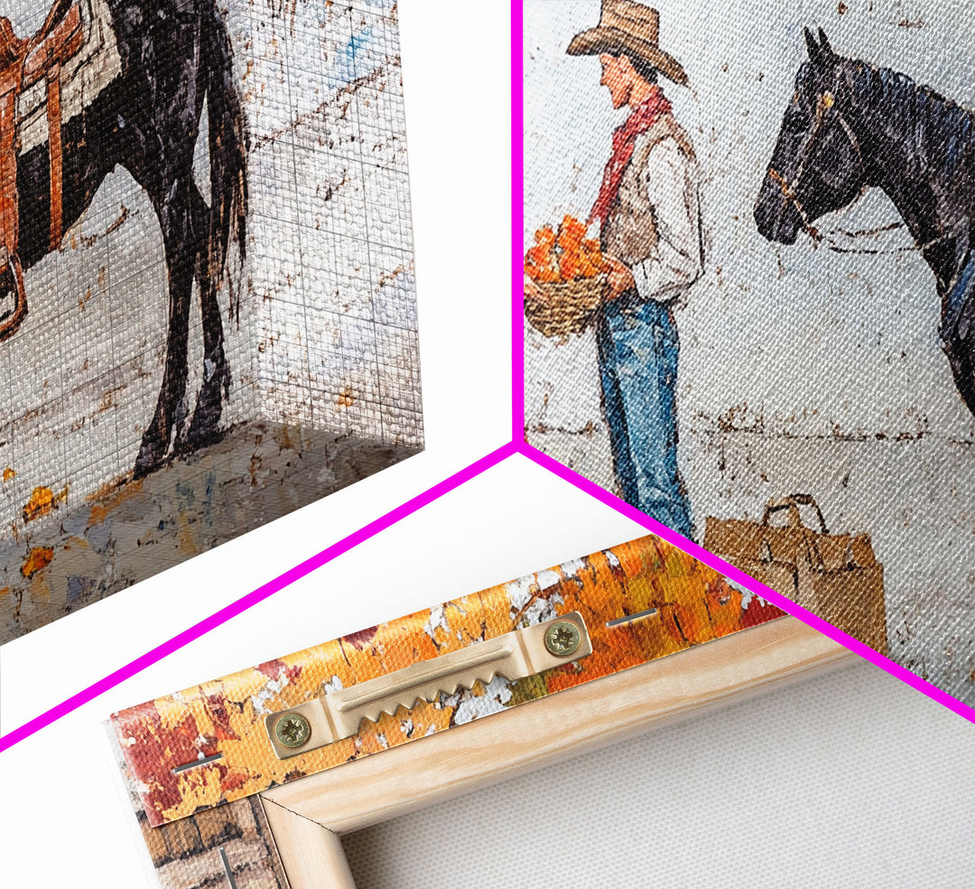 Cute Cowboy & Cowgirl Meet At The Market, Autumn Landscape Fall Colors Horse Rider Wall Art Rustic Fall Wall Decor, Framed Canvas Print