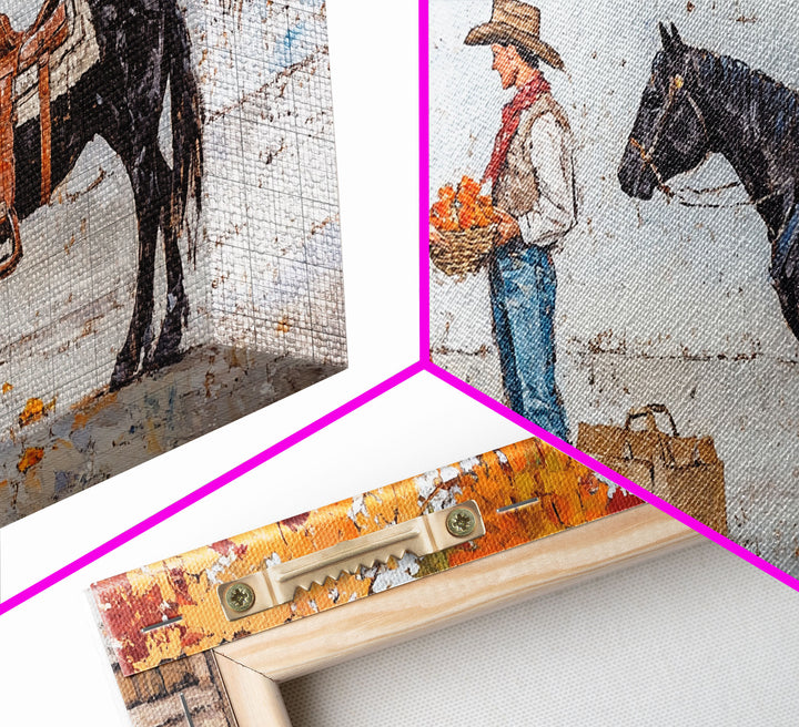 Cute Cowboy & Cowgirl Meet At The Market, Autumn Landscape Fall Colors Horse Rider Wall Art Rustic Fall Wall Decor, Framed Canvas Print