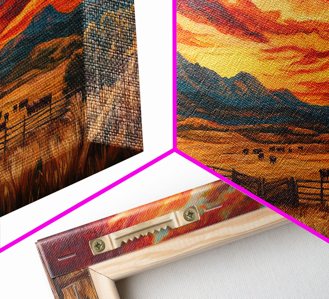 Sunset Ranch Framed Canvas Print Western Farmhouse Landscape Autumn Wall Art Large Fall Country Home Decor Above Sofa Art Piece