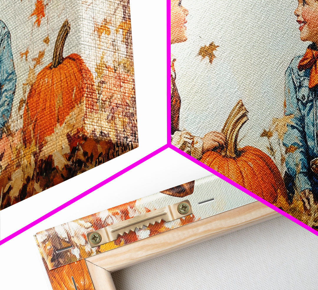 Cute Cowboy and Cowgirl In a Pumpkin Patch, Framed Canvas Print, 1950s Style Wall Art, Nursery Decor